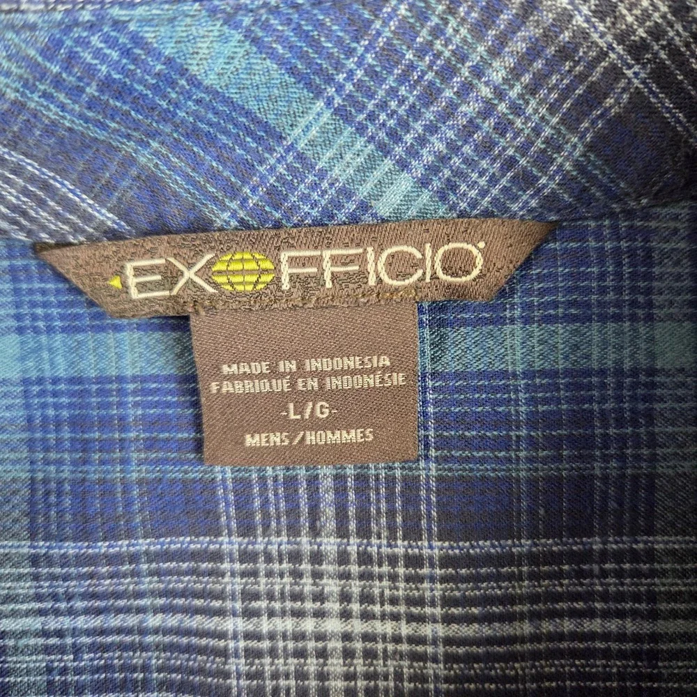 ExOfficio Mens Blue Plaid Long Sleeve Button Down Shirt Hidden Pocket Large